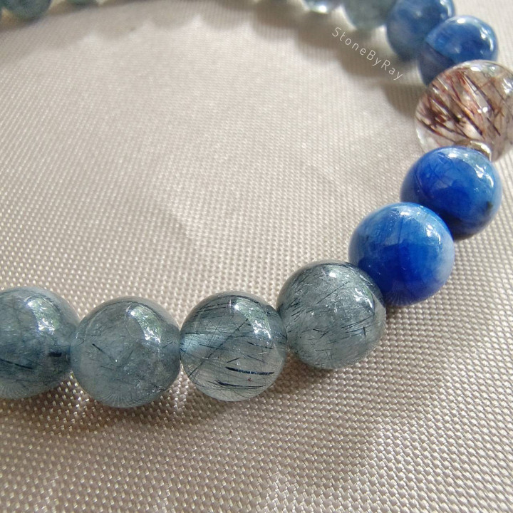 Blue-Grey Rutile Quartz and Kyanite Bracelet | Unique Design