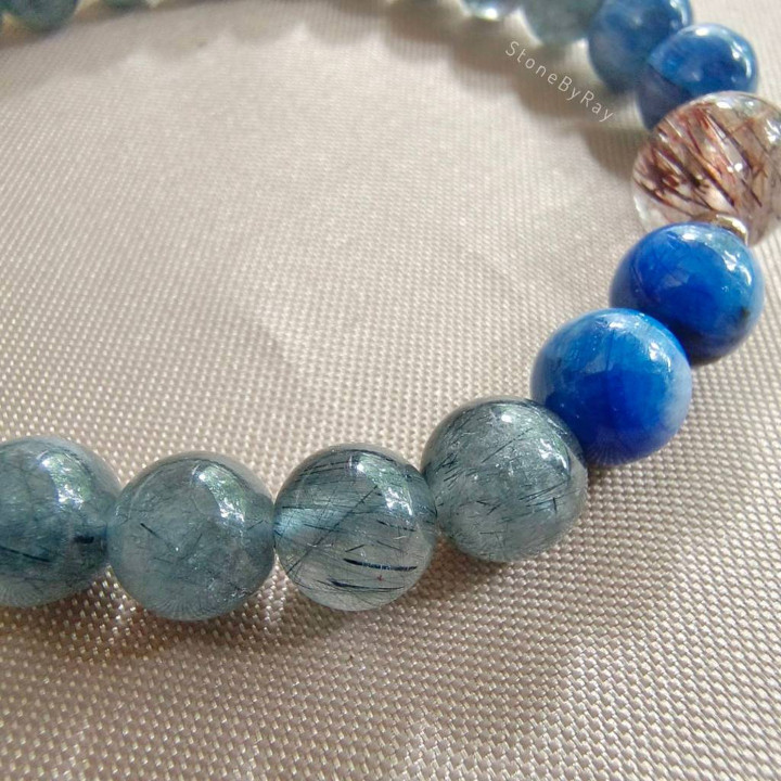 Blue-Grey Rutile Quartz and Kyanite Bracelet | Unique Design