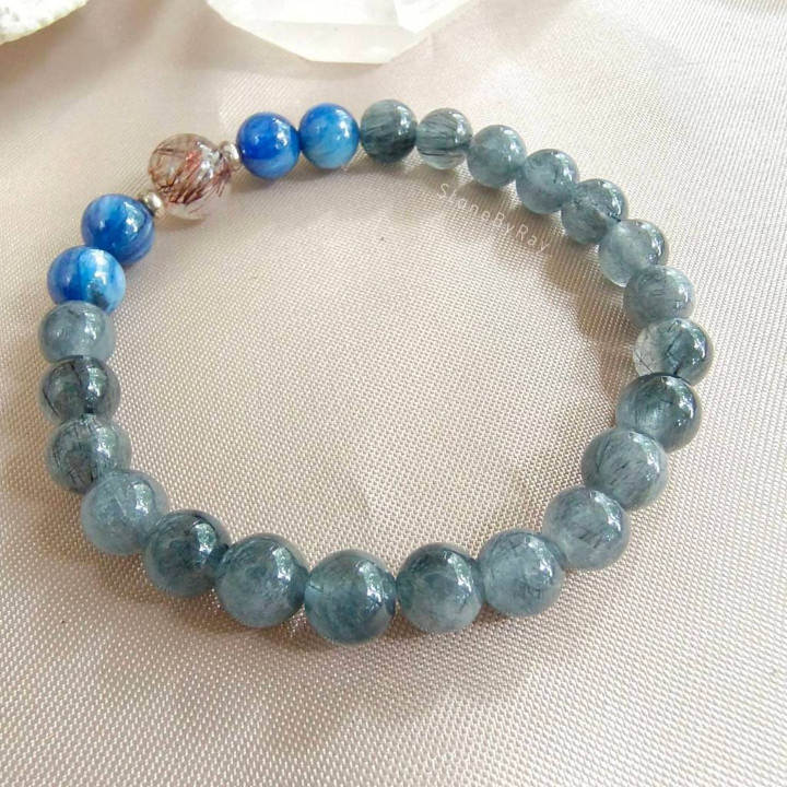 Blue-Grey Rutile Quartz and Kyanite Bracelet | Unique Design