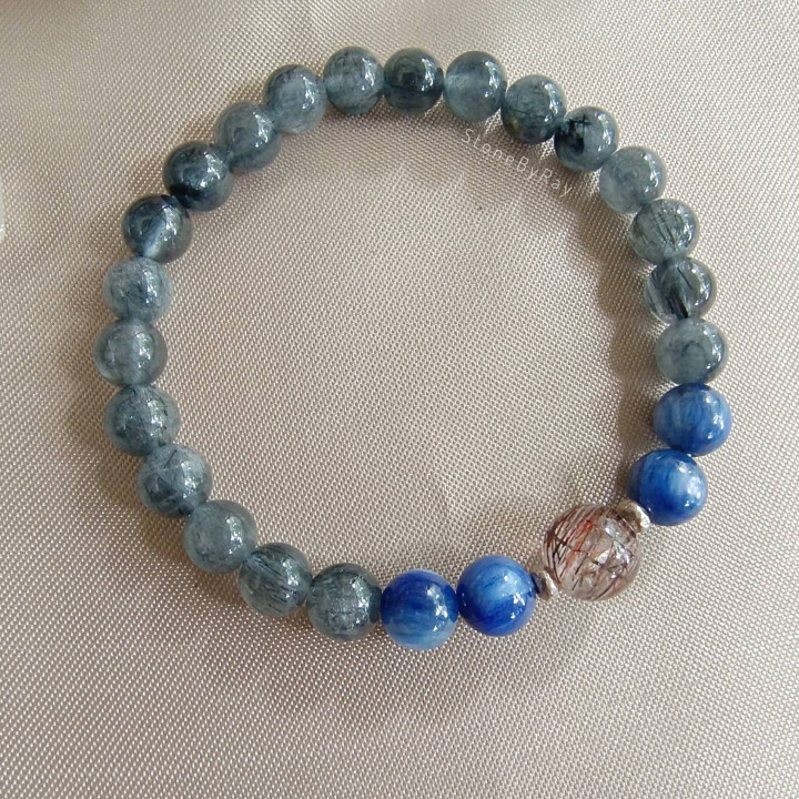 Blue-Grey Rutile Quartz and Kyanite Bracelet | Unique Design
