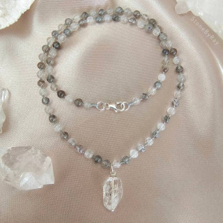 Black Tourmaline and Herkimer Diamond Braided Necklace