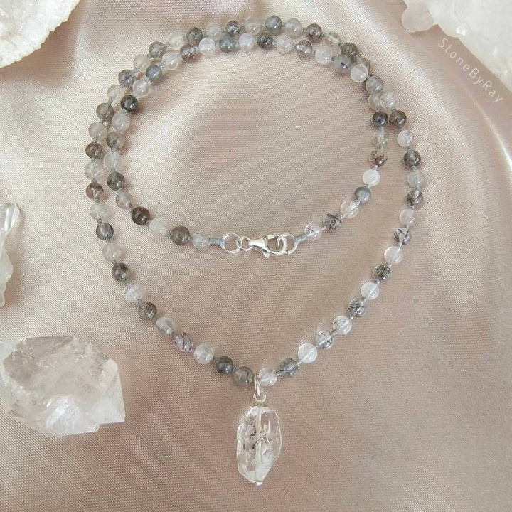 Black Tourmaline and Herkimer Diamond Braided Necklace
