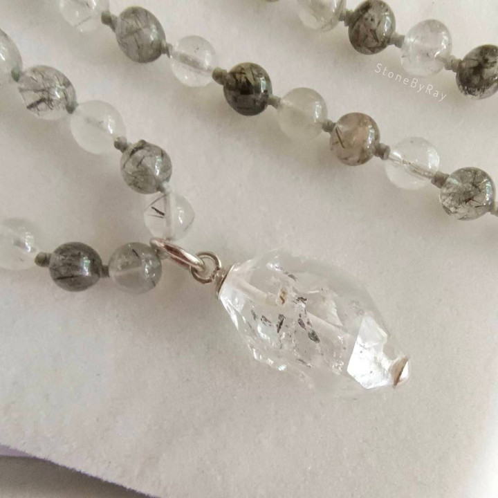 Black Tourmaline and Herkimer Diamond Braided Necklace