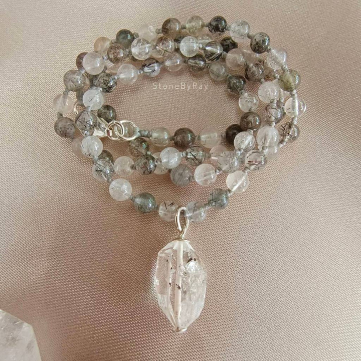 Black Tourmaline and Herkimer Diamond Braided Necklace