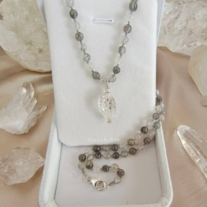 Black Tourmaline and Herkimer Diamond Braided Necklace