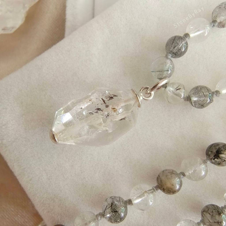 Black Tourmaline and Herkimer Diamond Braided Necklace