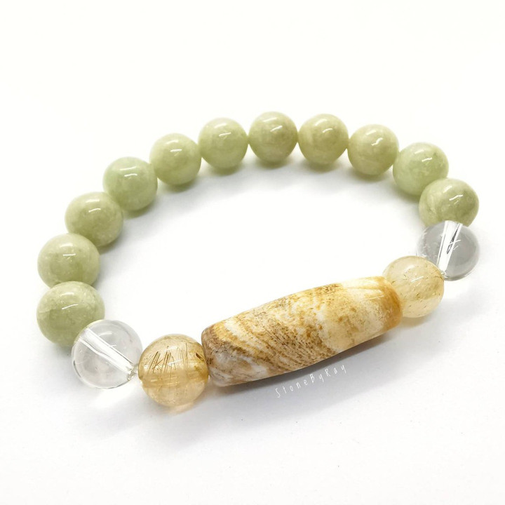 Petrified Wood and Jade Bracelet - Natural Stone Jewelry