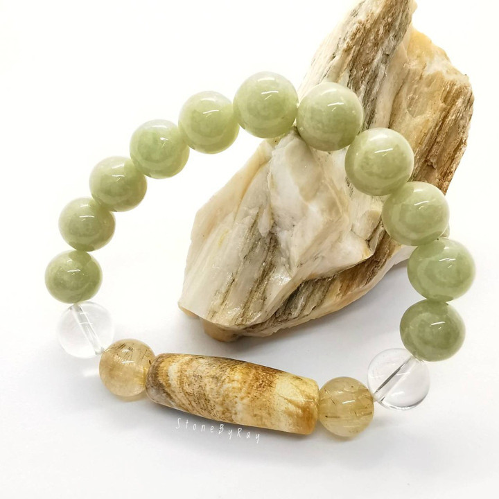 Petrified Wood and Jade Bracelet - Natural Stone Jewelry