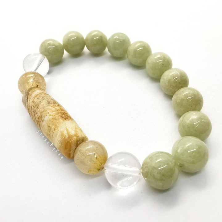 Petrified Wood and Jade Bracelet - Natural Stone Jewelry