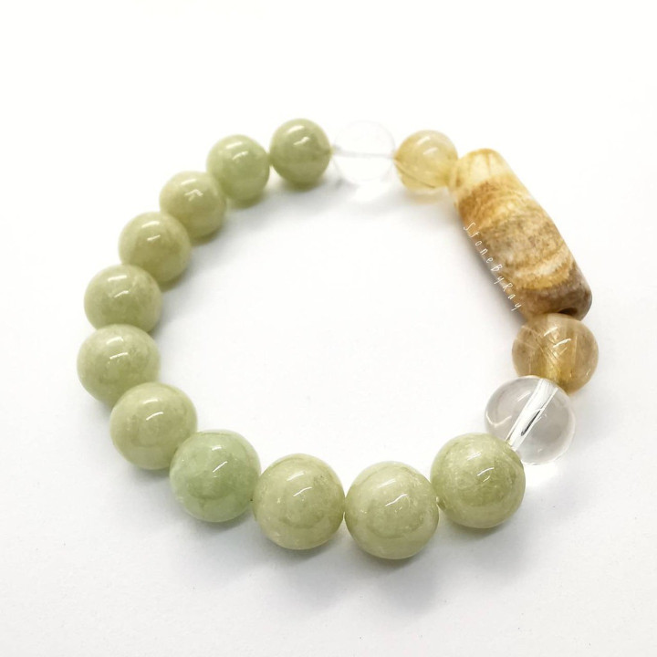 Petrified Wood and Jade Bracelet - Natural Stone Jewelry