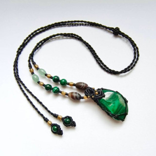 Malachite Stone Necklace - Boho Braided Rope Design