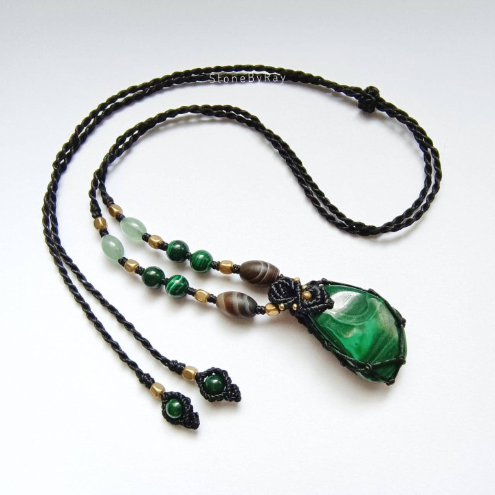 Malachite Stone Necklace - Boho Braided Rope Design