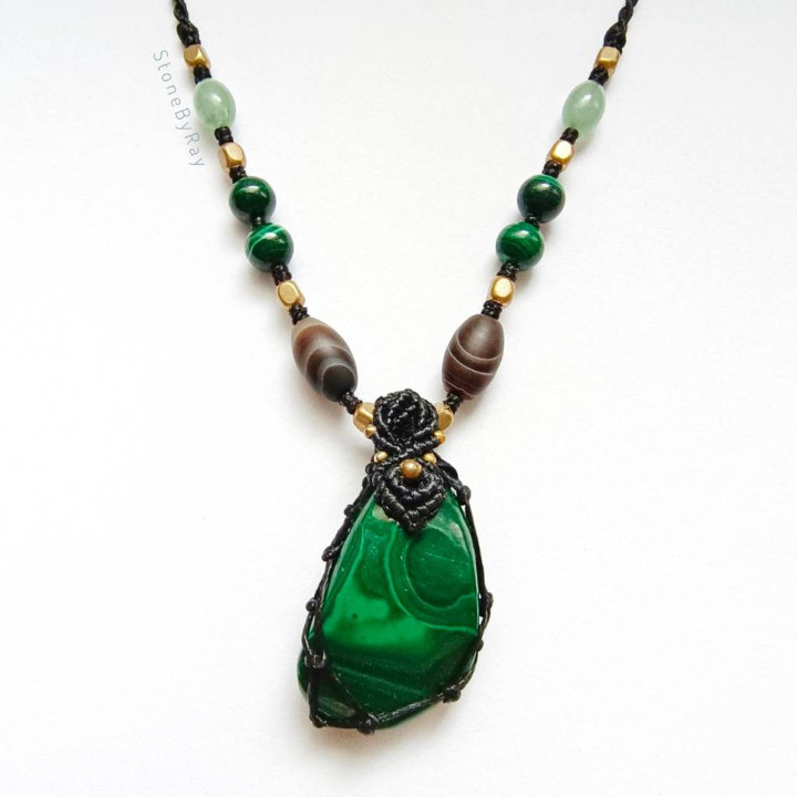 Malachite Stone Necklace - Boho Braided Rope Design