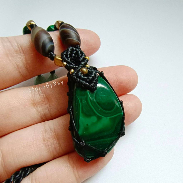 Malachite Stone Necklace - Boho Braided Rope Design