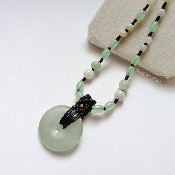 Aventurine and Jade Braided Rope Necklace - Donut Pendant