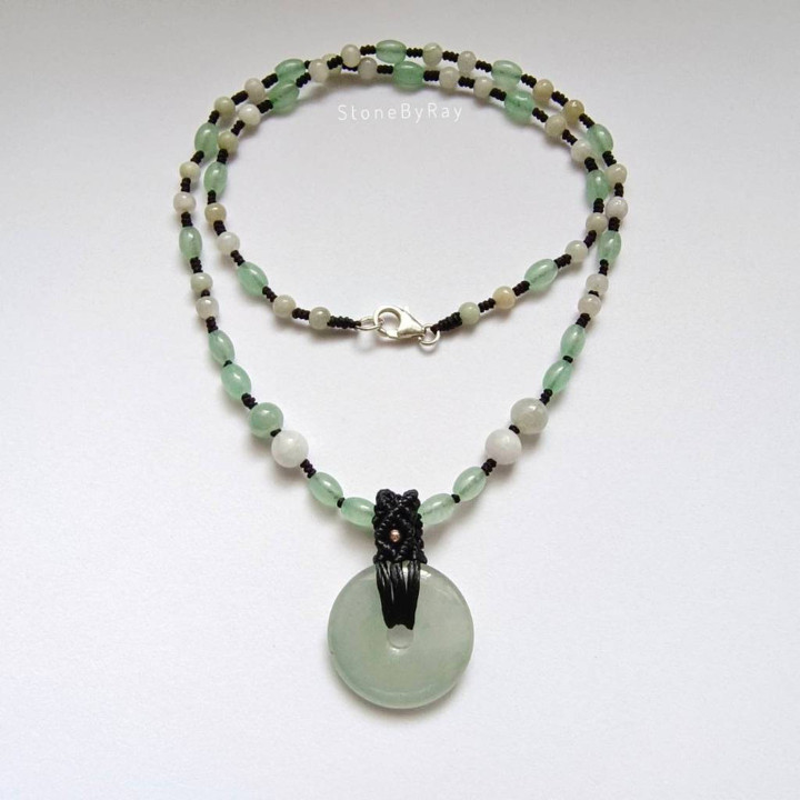 Aventurine and Jade Braided Rope Necklace - Donut Pendant