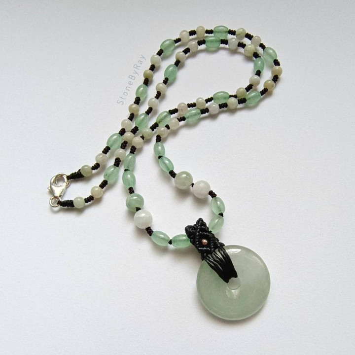 Aventurine and Jade Braided Rope Necklace - Donut Pendant