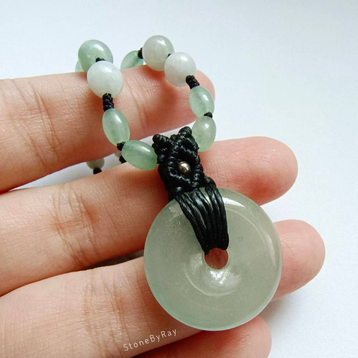 Aventurine and Jade Braided Rope Necklace - Donut Pendant
