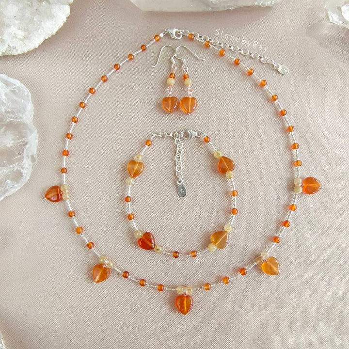 Citrine and Carnelian Silver Necklace Set | Matching Jewelry Gifts
