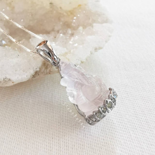 Ganesha and Rose Quartz Silver Necklace - Spiritual Jewelry