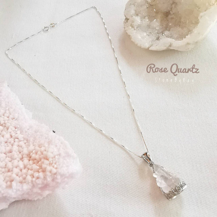 Ganesha and Rose Quartz Silver Necklace - Spiritual Jewelry