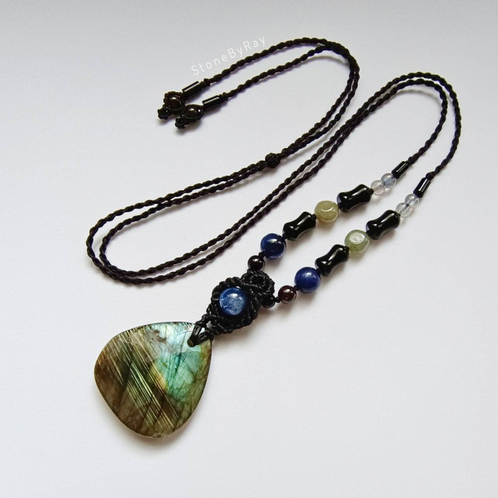 Labradorite Necklace - Boho Braided Rope Pendant