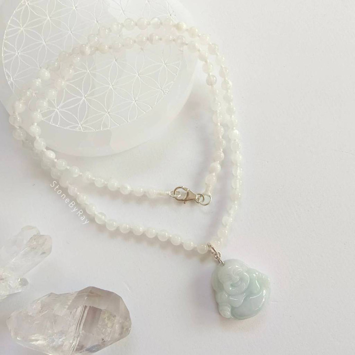 Moonstone and Jade Buddha Necklace - Serenity and Luck Charm