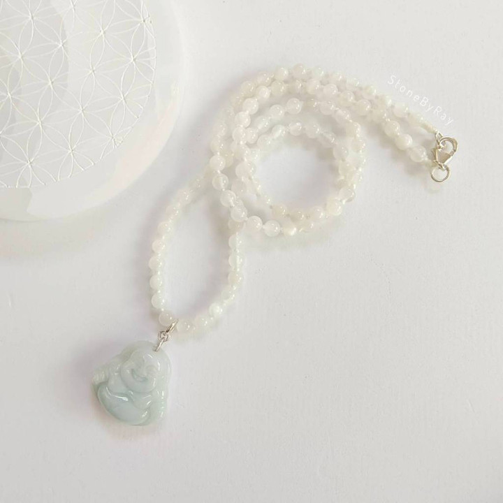 Moonstone and Jade Buddha Necklace - Serenity and Luck Charm