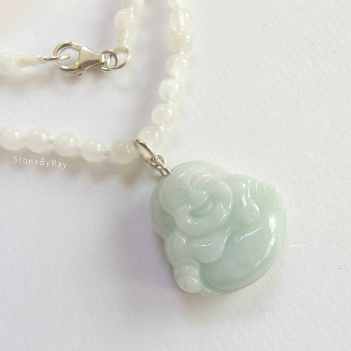 Moonstone and Jade Buddha Necklace - Serenity and Luck Charm