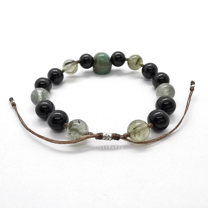 Armband aus grünem Jaspis, schwarzem Spinell und Rutilquarz