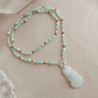 Five Stone and Jade Guanyin Braided Rope Necklace