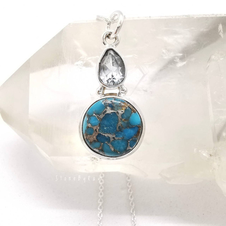 Collier pendentif en argent sterling turquoise et topaze