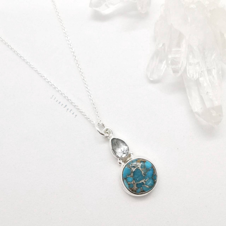 Collier pendentif en argent sterling turquoise et topaze