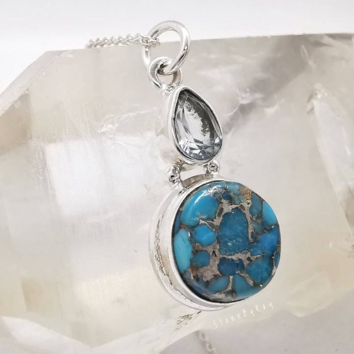 Collier pendentif en argent sterling turquoise et topaze