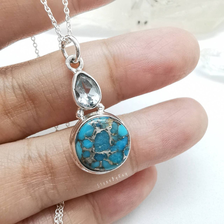 Collier pendentif en argent sterling turquoise et topaze