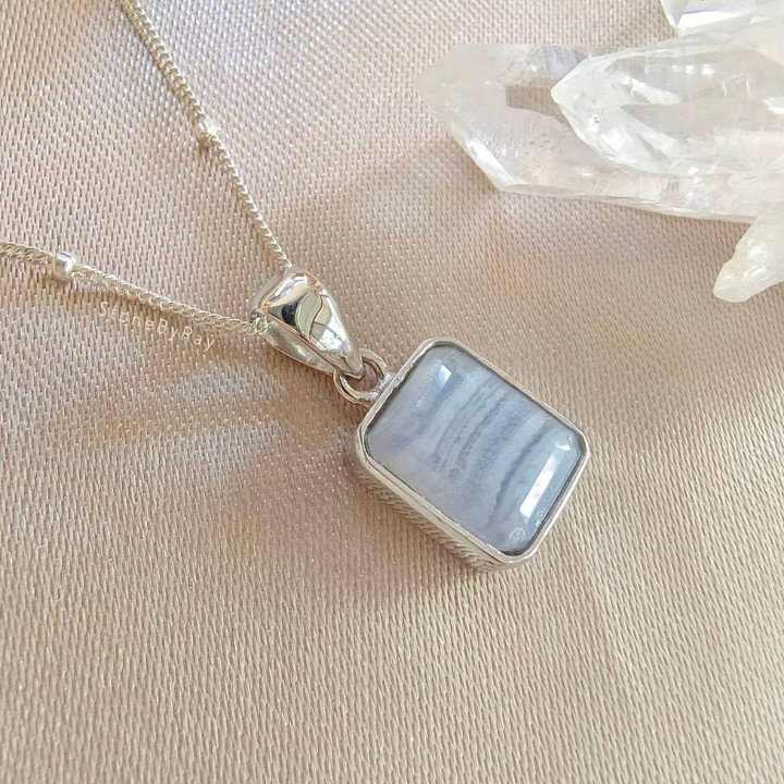 Blue Lace Agate Pendant Necklace in Silver