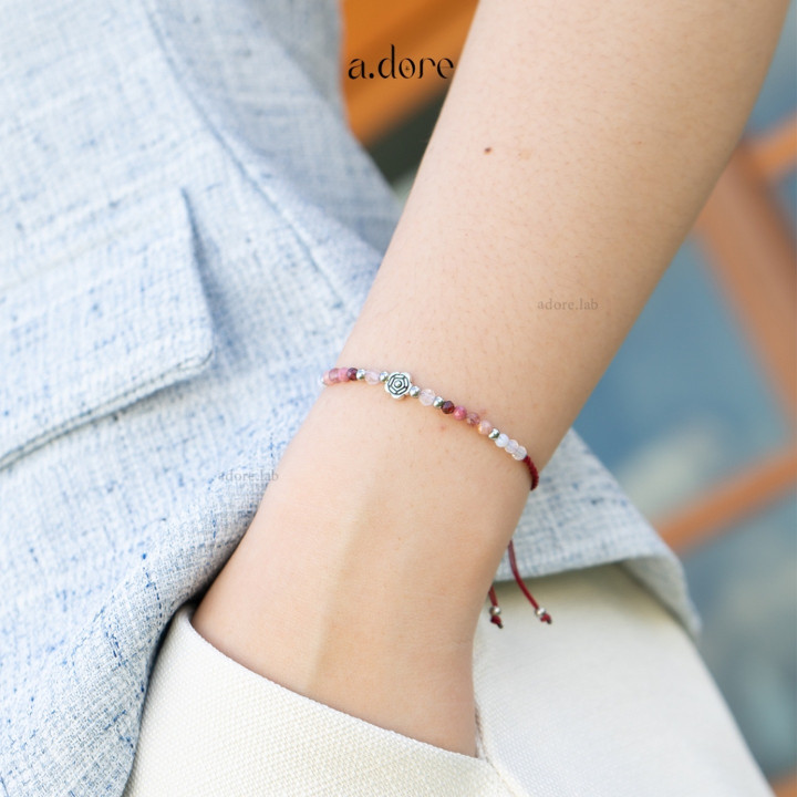 Pulsera Rosa Rosa | Piedra auténtica de 3 mm, cuerda trenzada
