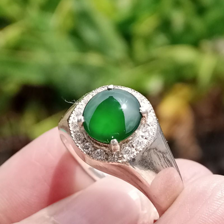 Genuine Burmese Jade Ring in Sterling Silver (Size 61)