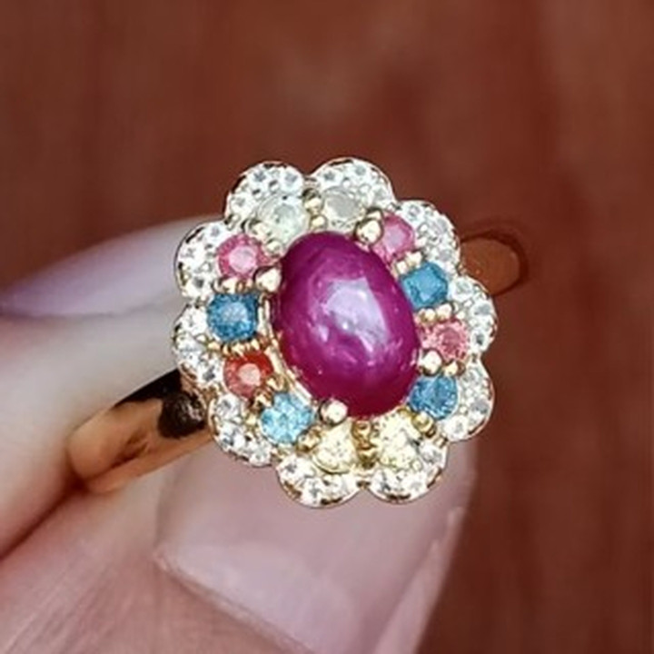 Radiant Ruby and Sapphire Sterling Silver Ring (Size 56)