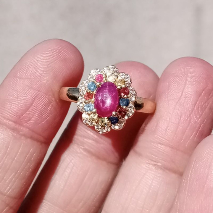 Radiant Ruby and Sapphire Sterling Silver Ring (Size 56)