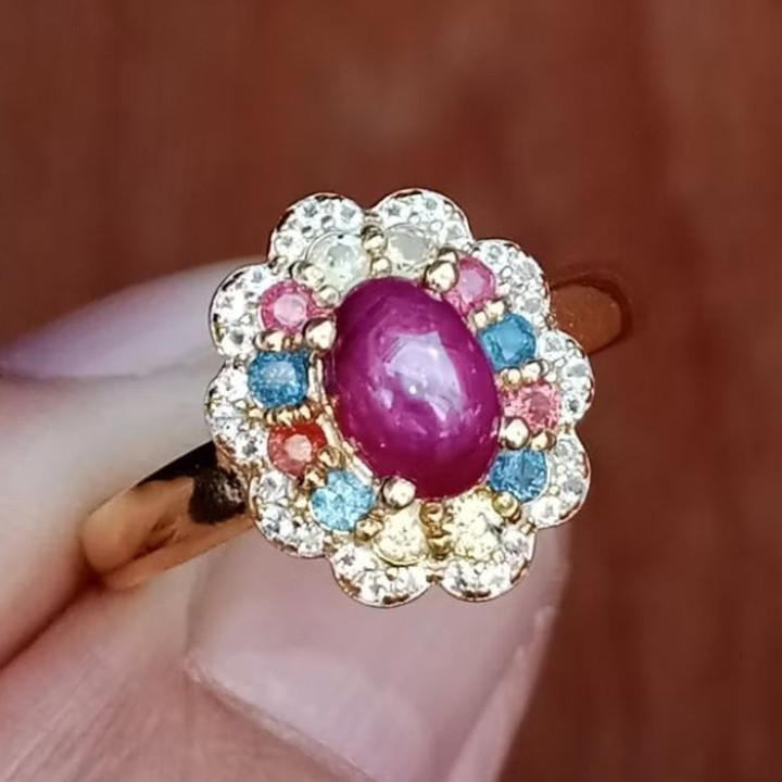 Radiant Ruby and Sapphire Sterling Silver Ring (Size 56)