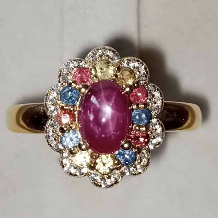 Radiant Ruby and Sapphire Sterling Silver Ring (Size 56)