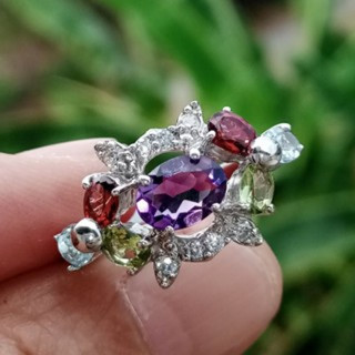 Amethyst Ring with Gemstones | Sterling Silver Size 54