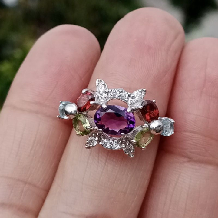 Amethyst Ring with Gemstones | Sterling Silver Size 54