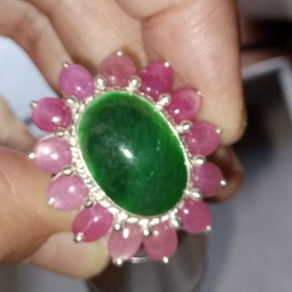 Burmese Jade and Ruby Sterling Silver Ring