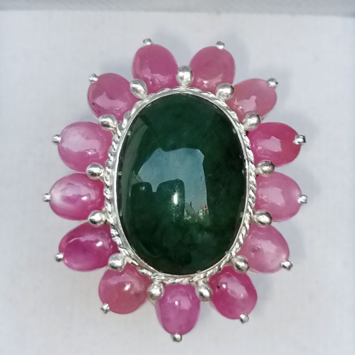 Burmese Jade and Ruby Sterling Silver Ring