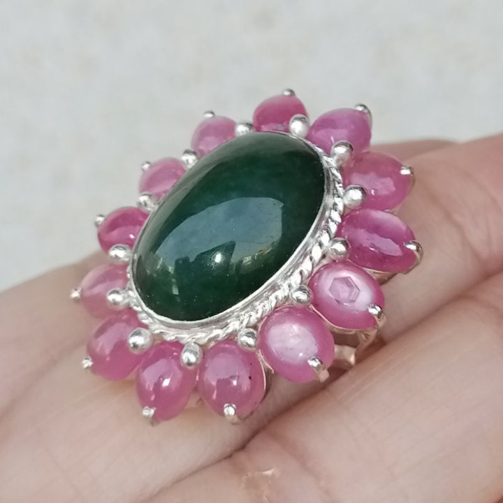 Burmese Jade and Ruby Sterling Silver Ring