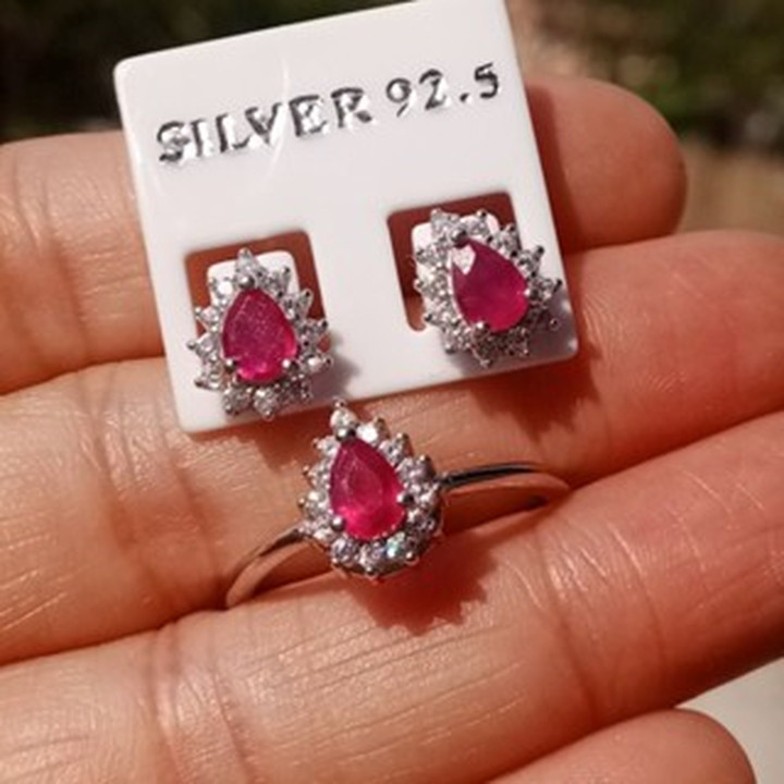 Sparkling Ruby and Silver Ring and Earring Set - Size 58.5