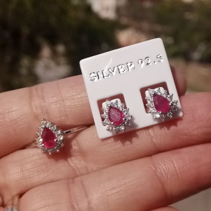 Sparkling Ruby and Silver Ring and Earring Set - Size 58.5