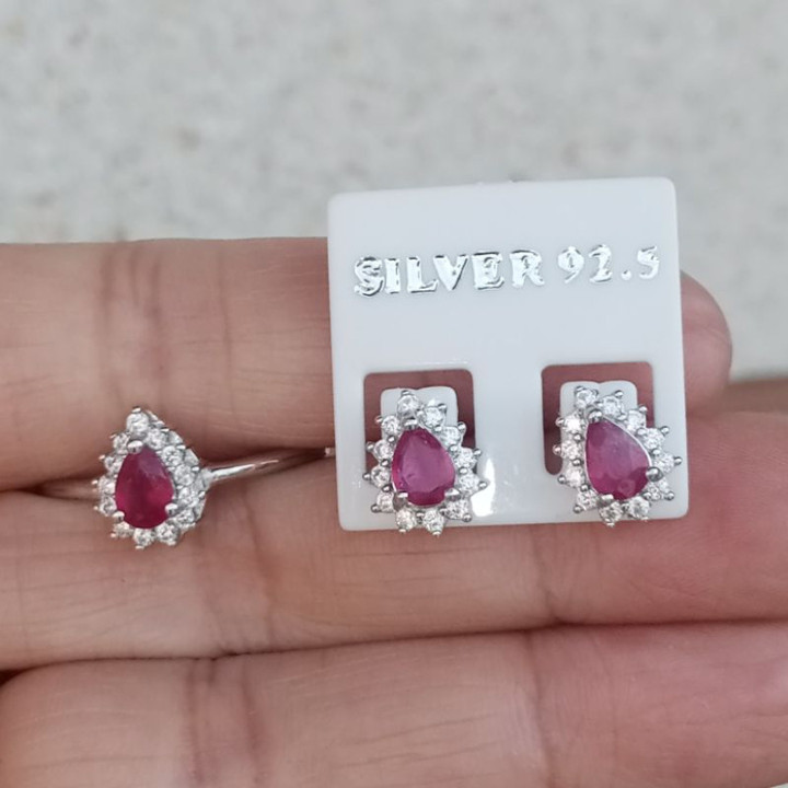 Sparkling Ruby and Silver Ring and Earring Set - Size 58.5